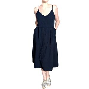 FRNCH Paris Navy Linen Midi Dress Button Front Babydoll Textured Viscose Sz S